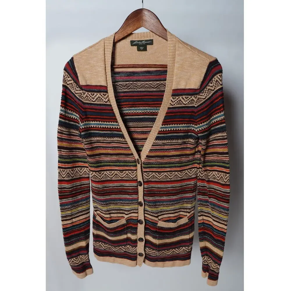 Eddie Bauer Nordic Print Tan Striped Button Down Cardigan Sweater Size XS